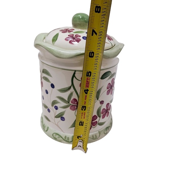 Vntg Hand Painted Ceramic Canister w Lid Butterfly Berries Flowers WHITE GREEN - Picture 11 of 16
